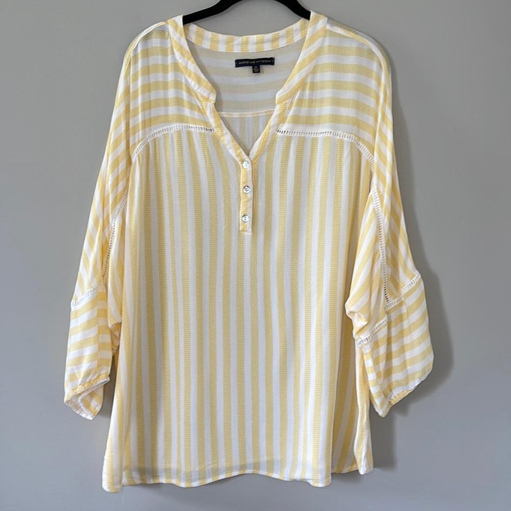 Adrienne Vittadini Striped Top Shirt V Neck Button Chest 3/4 Sleeves Size 2X